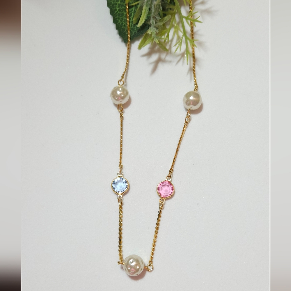 Vintage Swarovski Pink & Blue Open Bezel Set Crystals & Pearl Bead Gold Choker